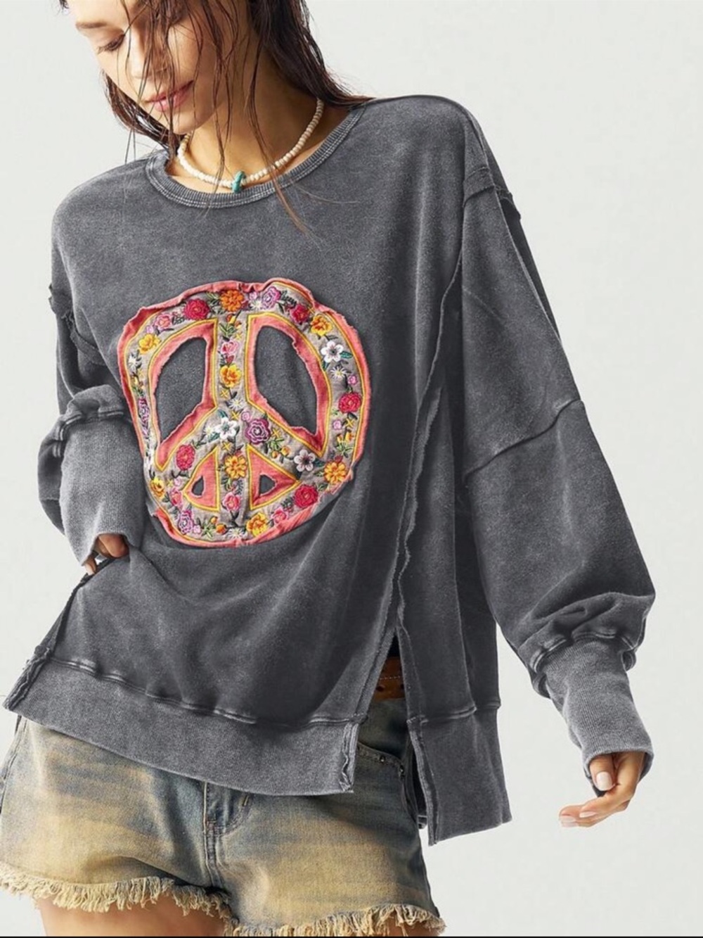 Boho Plus Size Oversized Washed Floral Embroidery Applique Sweatshirt Top